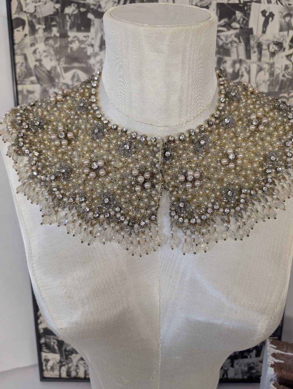 Vintage Sweater Collar Completely Crystal Beaded Gold, Clear Pearl